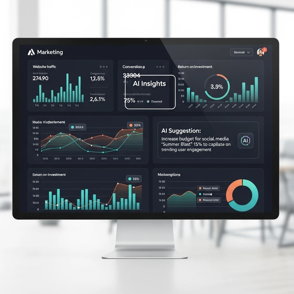 Laptop displaying AI for SEO dashboard with predictive analytics.