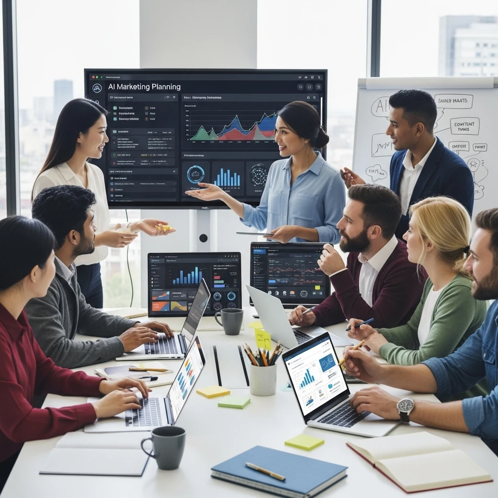 AI-powered marketing campaign strategy meeting.