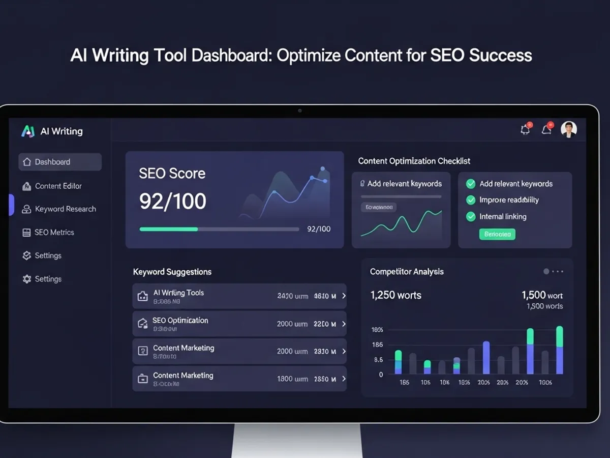 Screenshot of an AI Writing Tool Dashboard demonstrating how to optimize content for SEO success, featuring SEO score, keyword suggestions, content marketing strategies and competitor analysis for effective content creation.