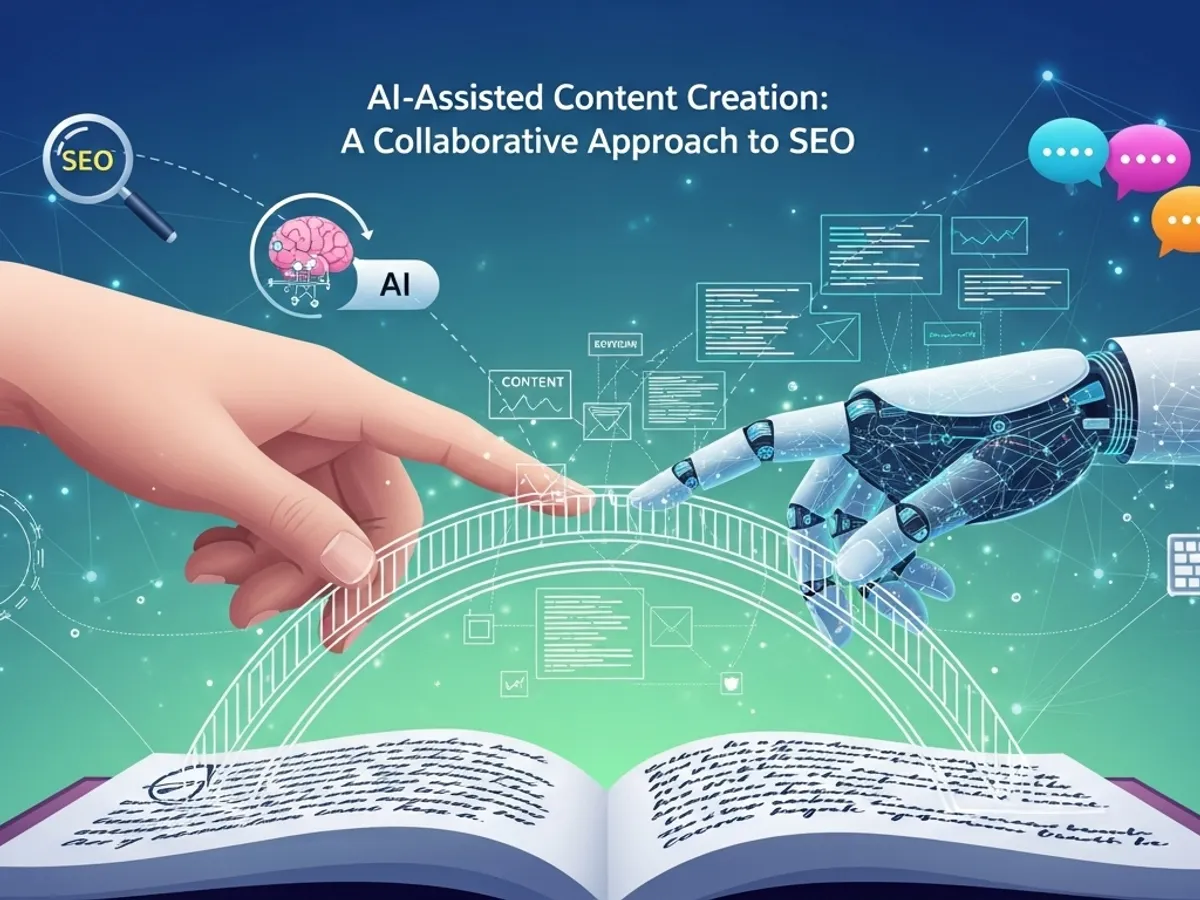 Conceptual image showcasing AI-assisted content creation as a collaborative approach to SEO, featuring a human hand and a robotic hand working together over an open book, symbolizing the integration of AI tools for writers to improve on-page SEO and content quality.