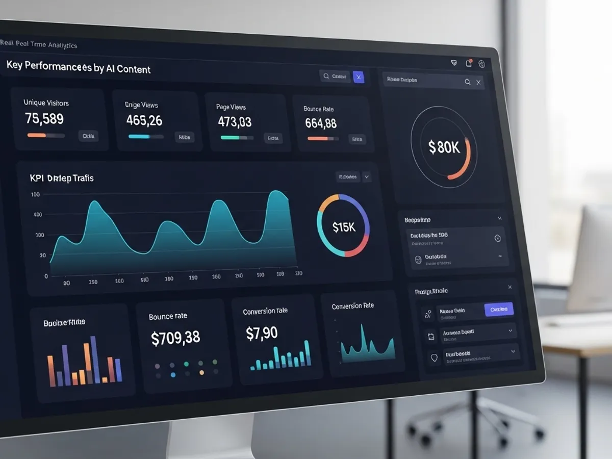 A dashboard displaying key performance indicators (KPIs) driven by AI content, including unique visitors, page views, bounce rate, and conversion rates, showcasing SEO content automation.
