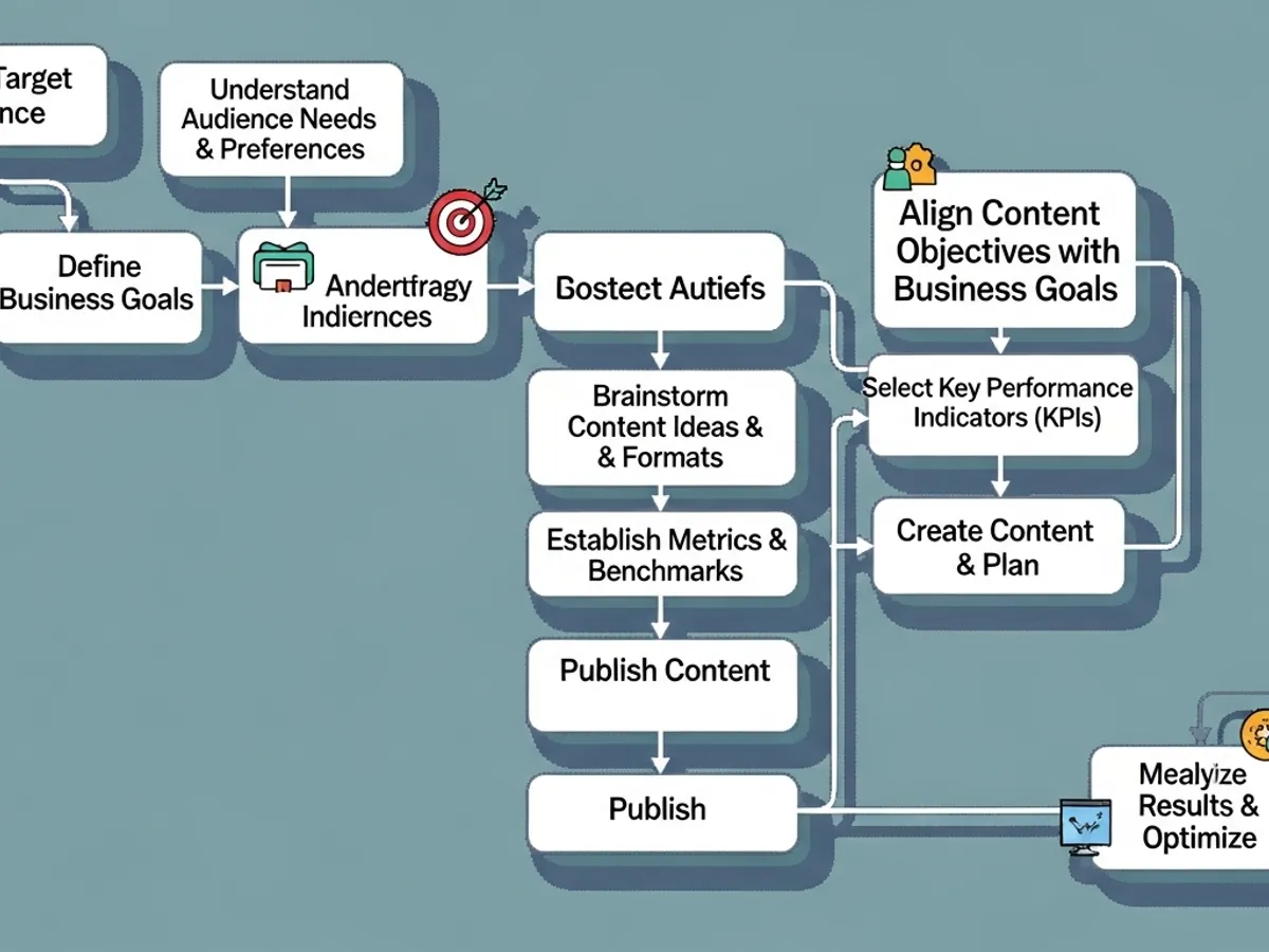 A content marketing AI workflow diagram illustrating the steps from defining business goals to optimizing results and using KPIs to align content objectives, essential for bloggers and AI for bloggers.