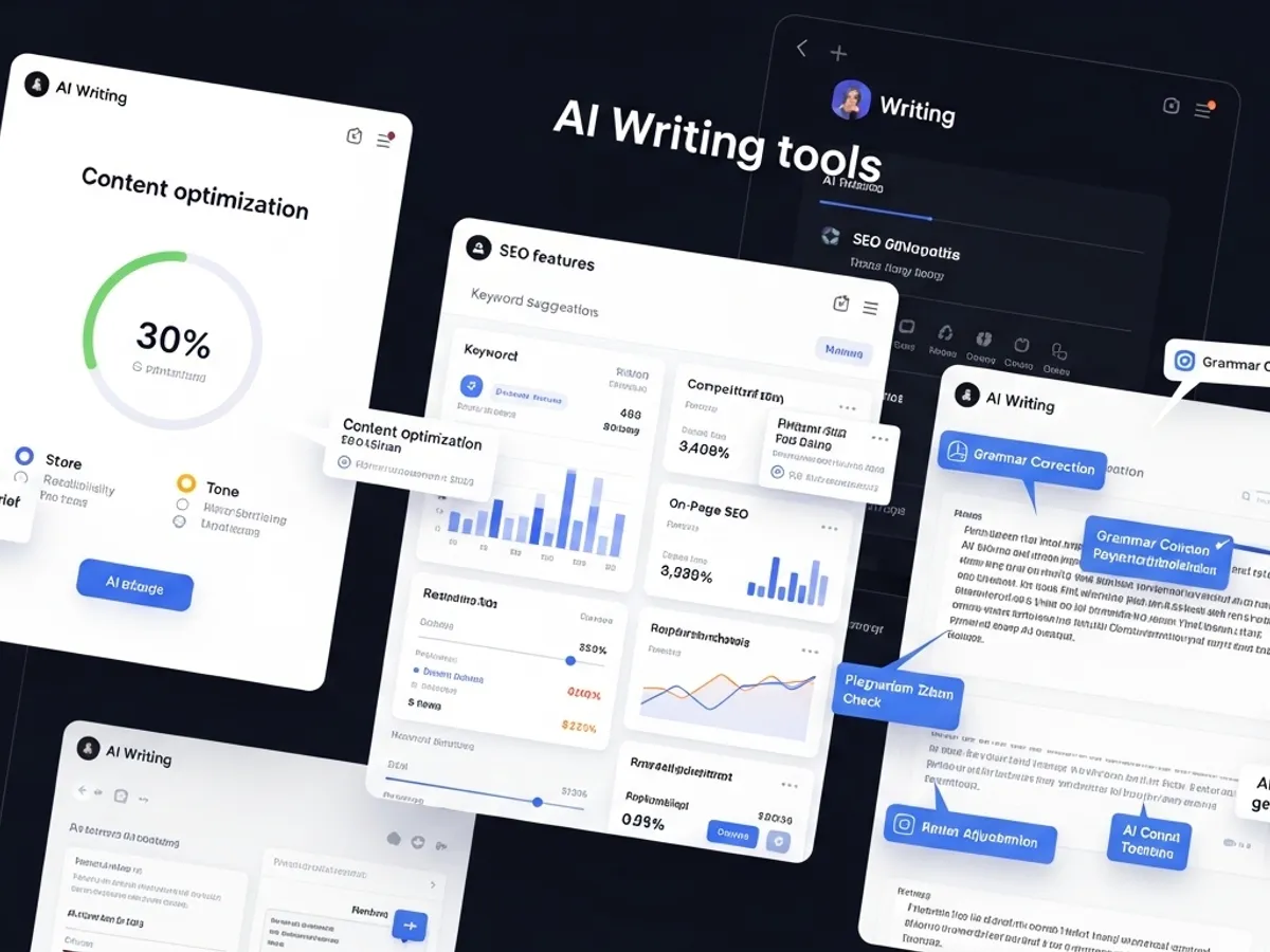 Screenshots of AI writing tools, showcasing features like content optimization, SEO suggestions, grammar correction, and plagiarism checks, designed to improve search rankings and assist bloggers.