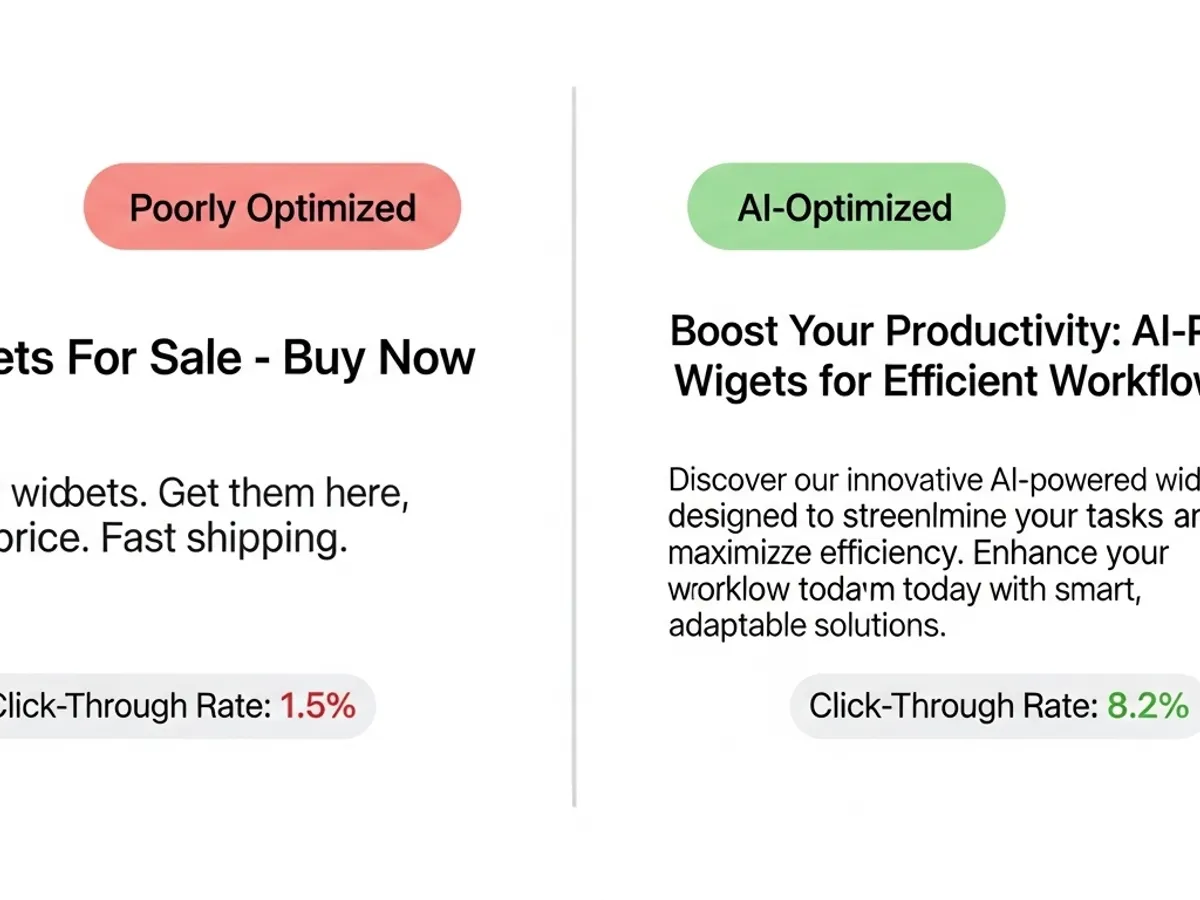 A comparison showing the difference between a poorly optimized ad and an AI-optimized ad, highlighting the boost in click-through rate achieved through AI content optimization.
