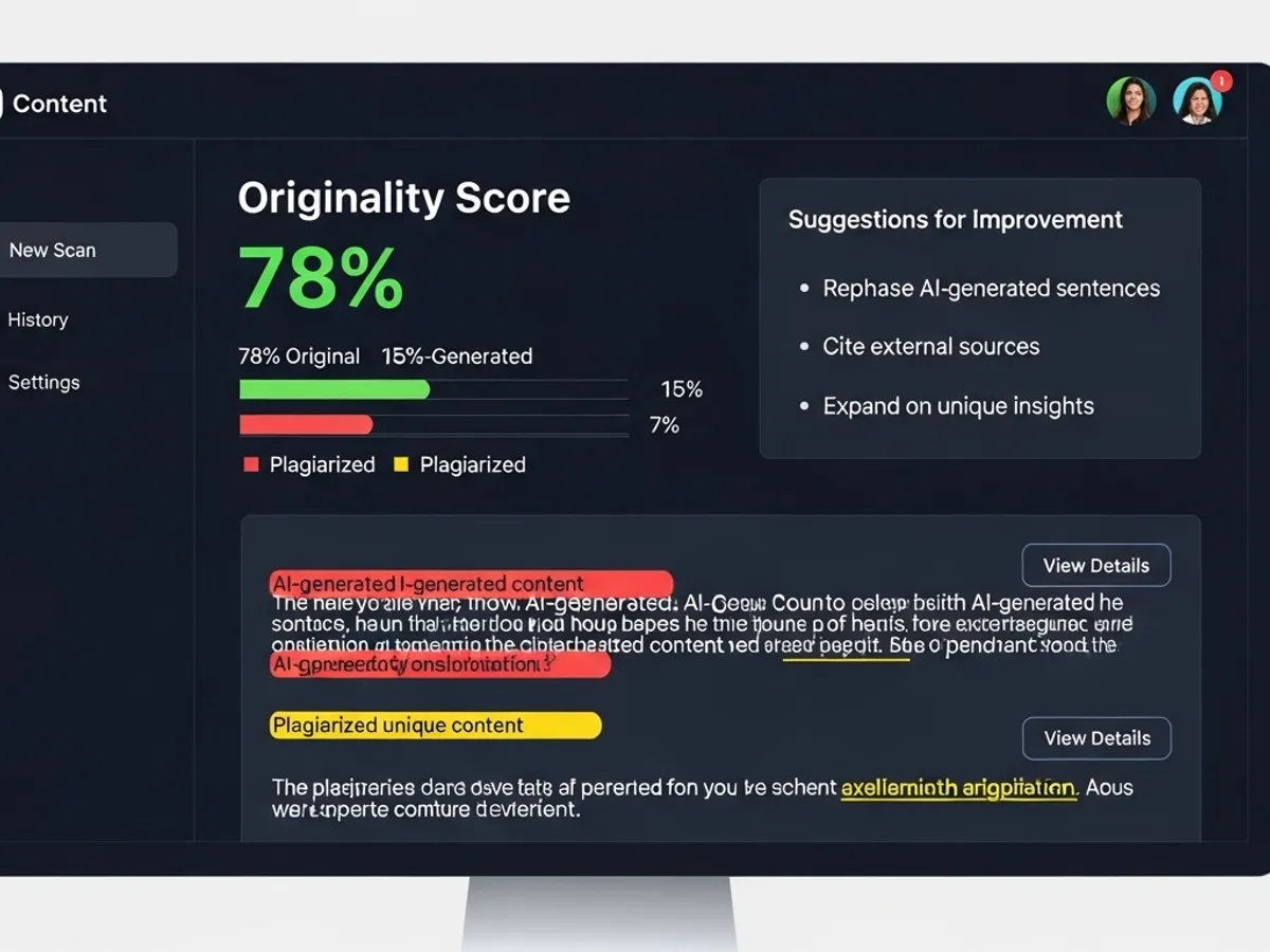 A screenshot of an AI writing assistant tool showing an originality score and suggestions for improvement, helping users optimize blog posts and ensure content uniqueness.