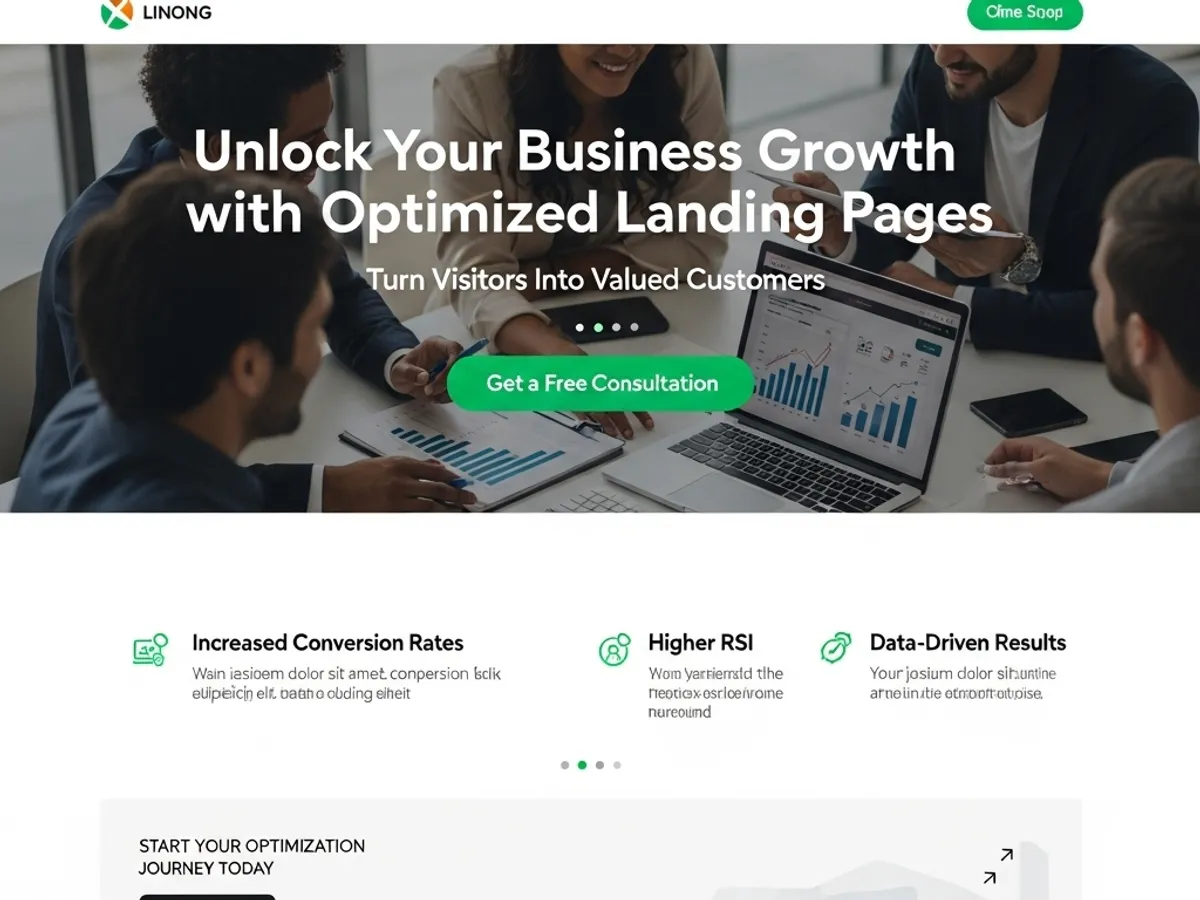 A landing page design emphasizing business growth through optimized content, with a call to action for a free consultation to turn visitors into valued customers, relevant for traffic generation with AI.
