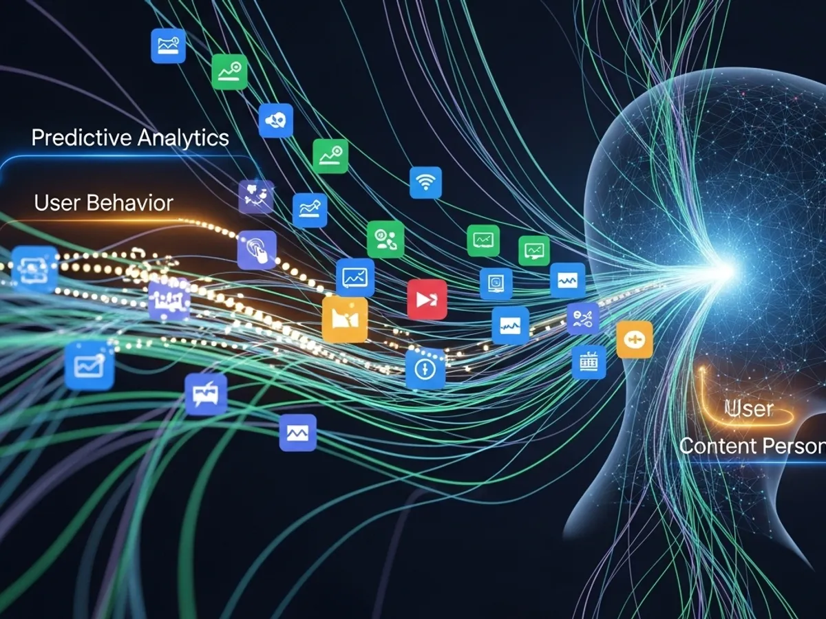 An abstract illustration of predictive analytics and user behavior represented by a human head, with content persona and various app icons flowing into it, symbolizing AI's role in understanding user preferences.