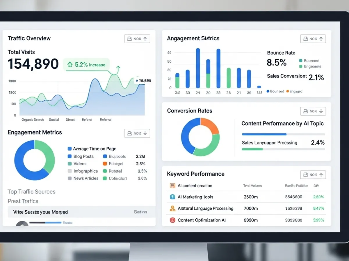 A content marketing dashboard displaying traffic overview, engagement metrics, conversion rates, and keyword performance, illustrating how AI content optimization and AI marketing tools improve website visitors and search rankings.