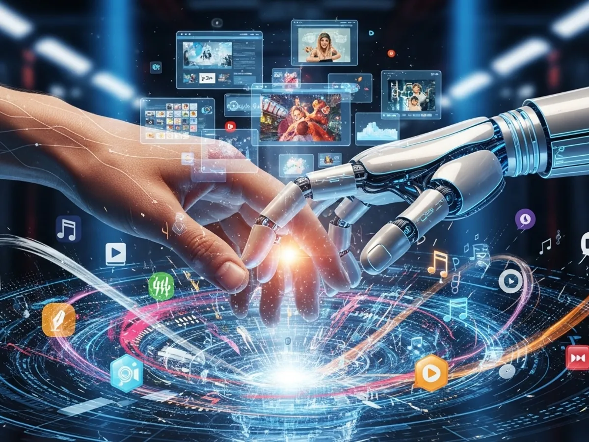 An image depicting human and robot hands interacting, symbolizing the collaboration between human creativity and AI in content creation and automation, representing the future of writing tool AI.