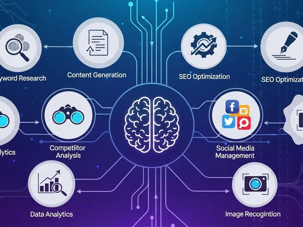 Illustration depicting the interconnectedness of content marketing elements such as keyword research, content generation, SEO optimization, competitor analysis, data analytics, social media management, and image recognition, powered by artificial intelligence.