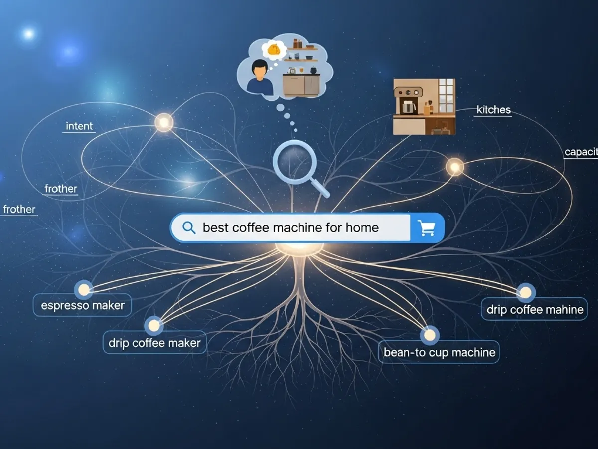Conceptual illustration of keyword research for 'best coffee machine for home', visualizing the intent, related search terms like 'espresso maker', 'drip coffee machine', and the user's search query in the context of content marketing and SEO optimization.