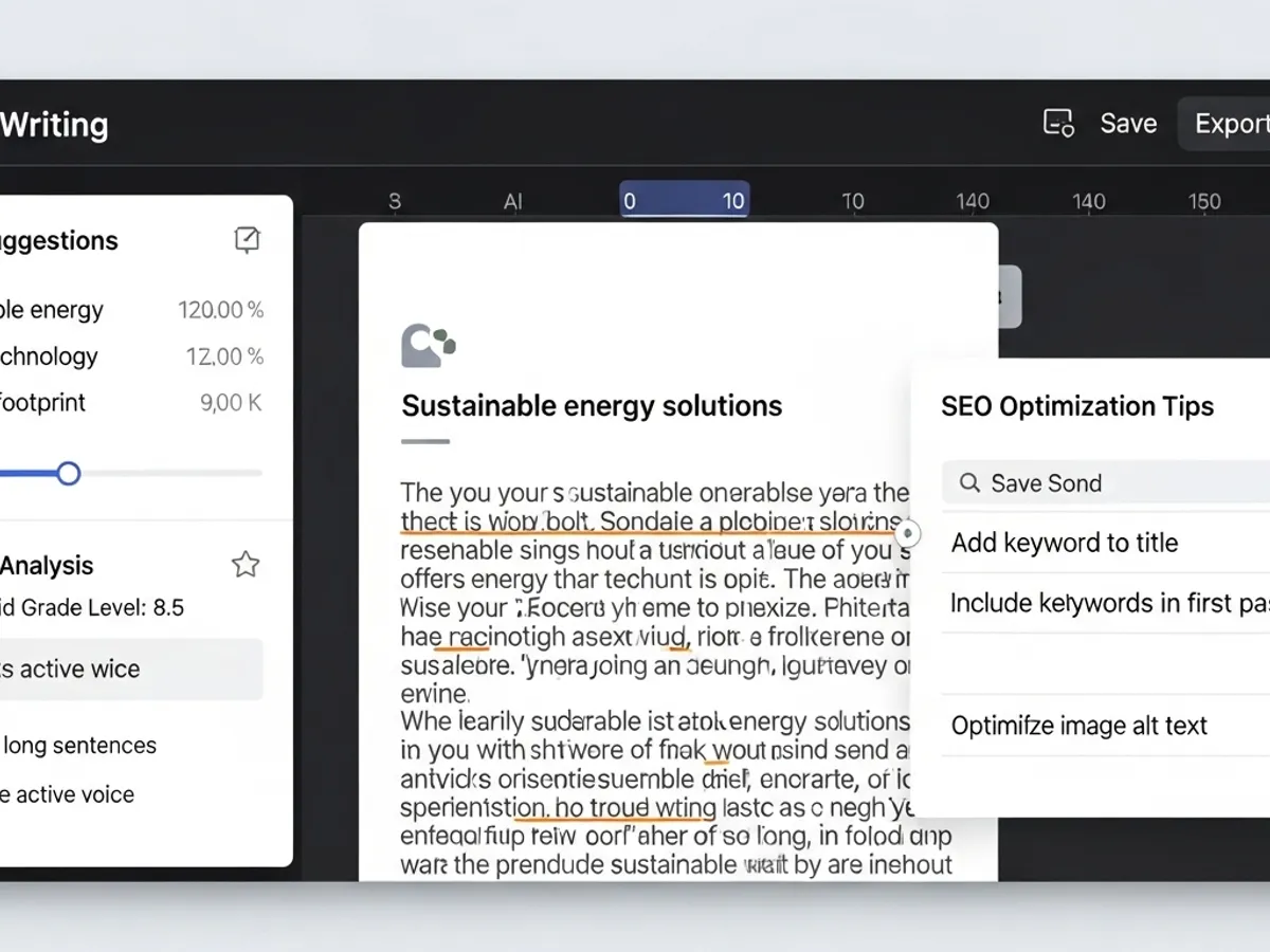 Screenshot of an AI blog writing tool providing SEO optimization tips, including adding keywords to the title and including keywords in the first paragraph, demonstrating on-page SEO strategies for content creation.