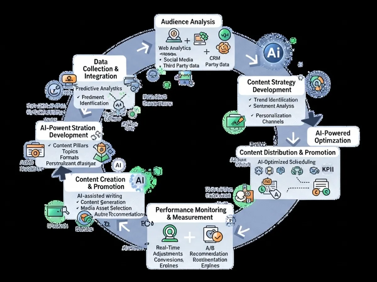 Infographic illustrating a circular content marketing strategy powered by AI, including data collection and integration, content strategy development, content distribution and promotion, performance monitoring, and AI-powered content creation.