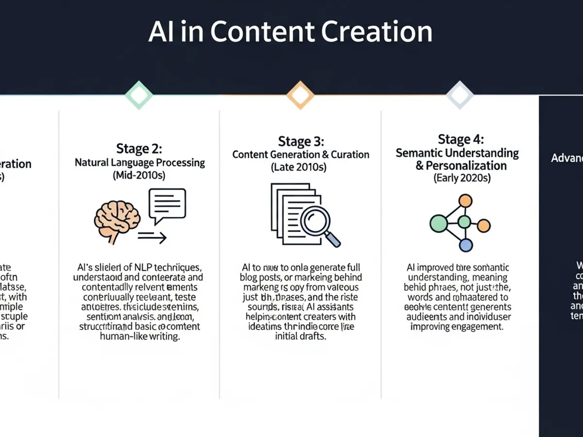 A diagram illustrating the evolution of AI in content creation, highlighting stages from natural language processing to semantic understanding, showcasing how AI writing tools enhance content relevance and engagement.