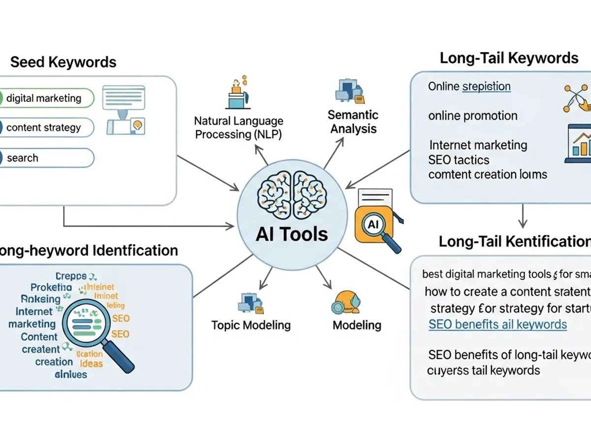 A mind map showcasing various AI tools for keyword research, semantic analysis, and topic modeling, illustrating their use in content strategy and search engine optimization to identify seed and long-tail keywords.