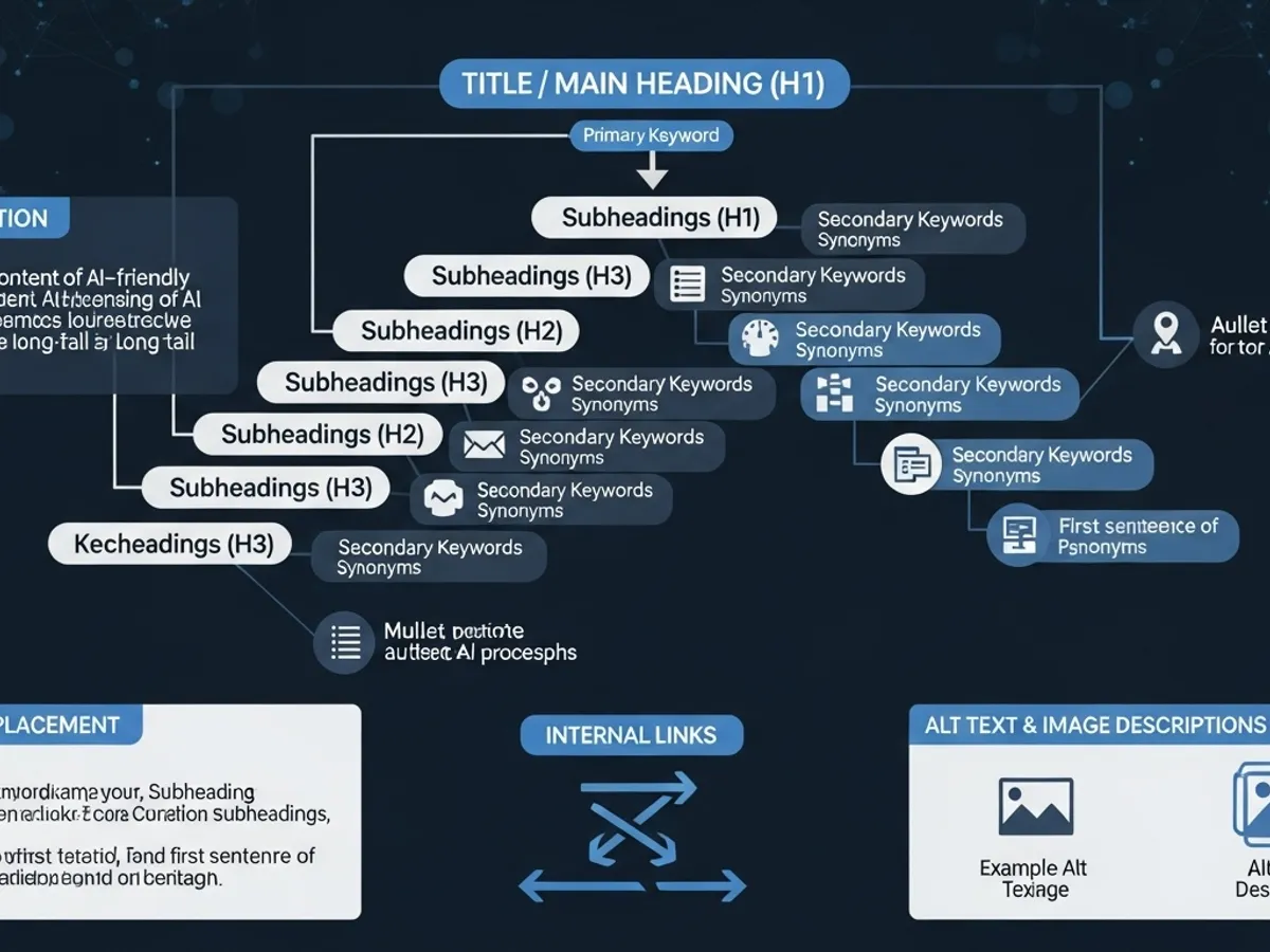A visual guide outlining the structure of AI-friendly content with primary keywords in the main heading (H1) and secondary keywords in subheadings, emphasizing internal links and alt text for enhanced SEO.