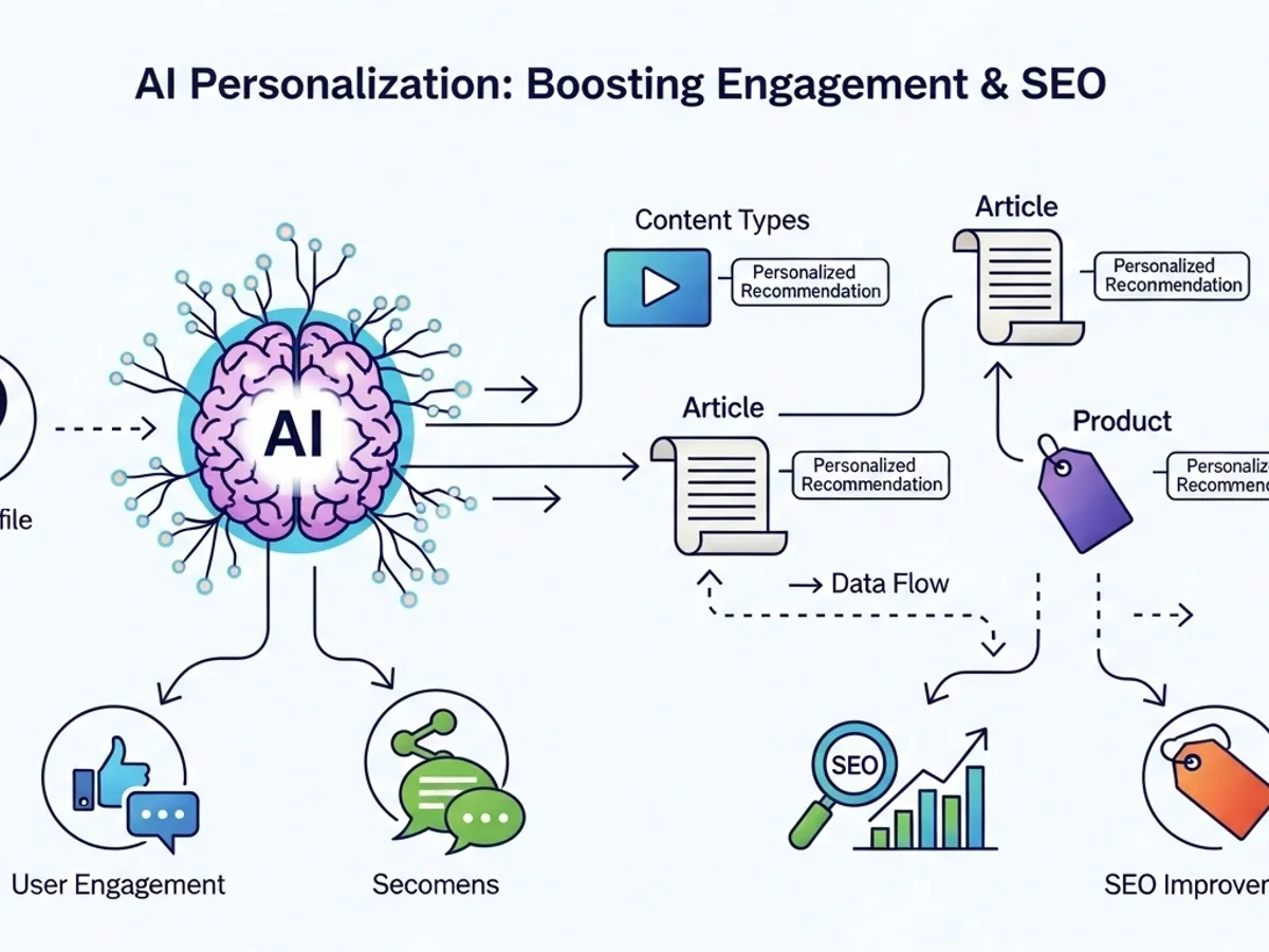 A visual representation of AI personalization, showcasing how it boosts engagement and SEO through personalized content recommendations, improved user engagement, and enhanced content marketing strategies.