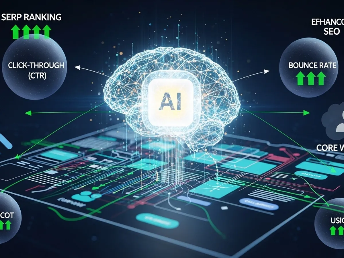 A digital representation of how AI impacts SEO, showing improved SERP ranking, click-through rates, and reduced bounce rates, highlighting AI's role in enhancing core web vitals and user experience through optimized content.