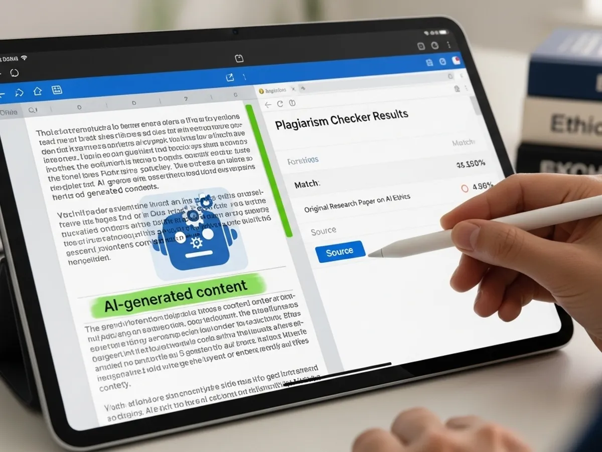 A person using a tablet to check AI-generated content for plagiarism, demonstrating the importance of ensuring originality in content creation while leveraging AI writing tools for efficiency.
