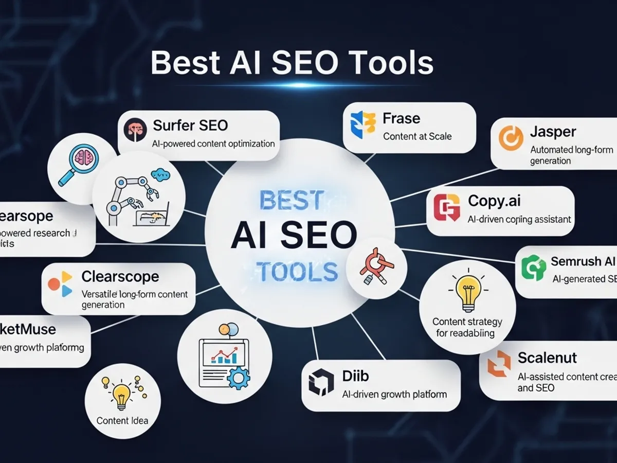 A compilation of the best AI SEO tools, including Surfer SEO, Frase, and Jasper, showcasing various AI-driven platforms that assist with content optimization, keyword research, and automated long-form content generation for effective content marketing.