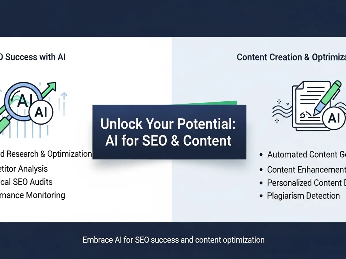 A split-screen graphic highlighting AI's potential for SEO and content creation, emphasizing benefits such as advanced research, competitor analysis, automated content generation, and plagiarism detection for content strategy.