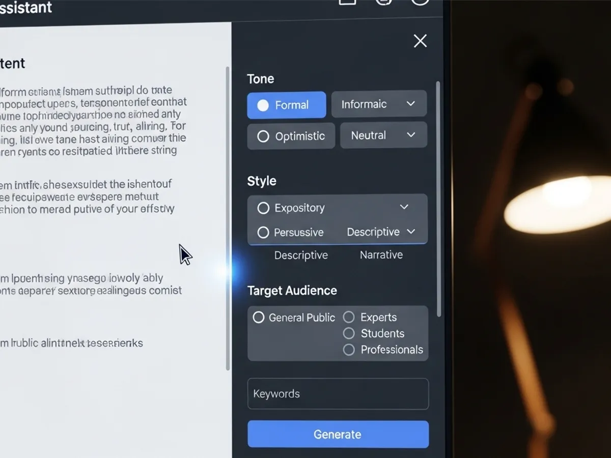 Screenshot of an AI writing assistant interface, highlighting options for tone, style, and target audience, showcasing its capability for blog optimization and tailored content generation with relevant keywords.