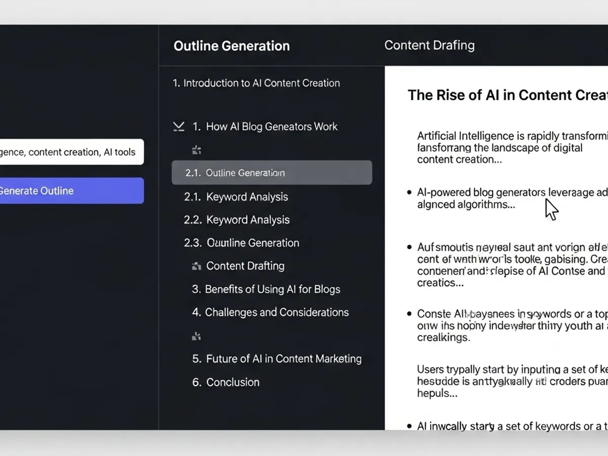 Screenshot of an AI content creation tool, displaying outline generation and content drafting features, emphasizing how AI tools can streamline content strategy and blog optimization.