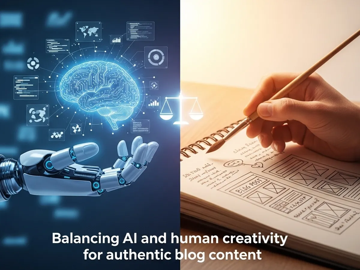 Conceptual image balancing AI and human creativity for authentic blog content, featuring an AI hand and a human hand sketching, highlighting the importance of both for effective content marketing and audience connection.