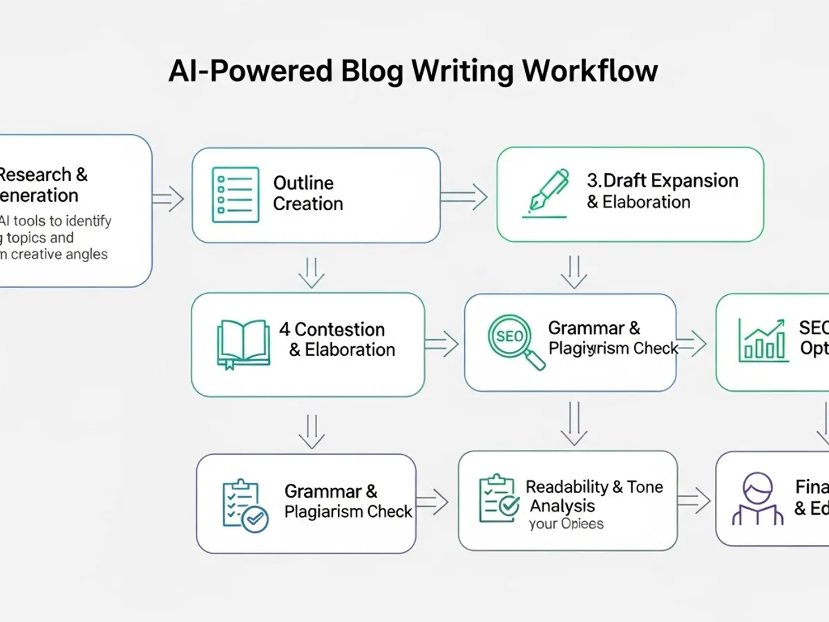 Diagram outlining the AI-powered blog writing workflow, including research, outline creation, draft expansion, content elaboration, grammar and plagiarism checks, readability analysis, and SEO optimization.