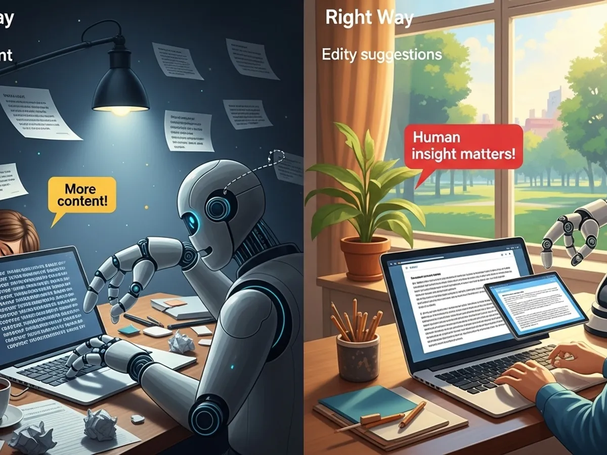 A split image comparing AI-generated content versus content with human insight, emphasizing the importance of human insight for effective content marketing and improved blog rankings.