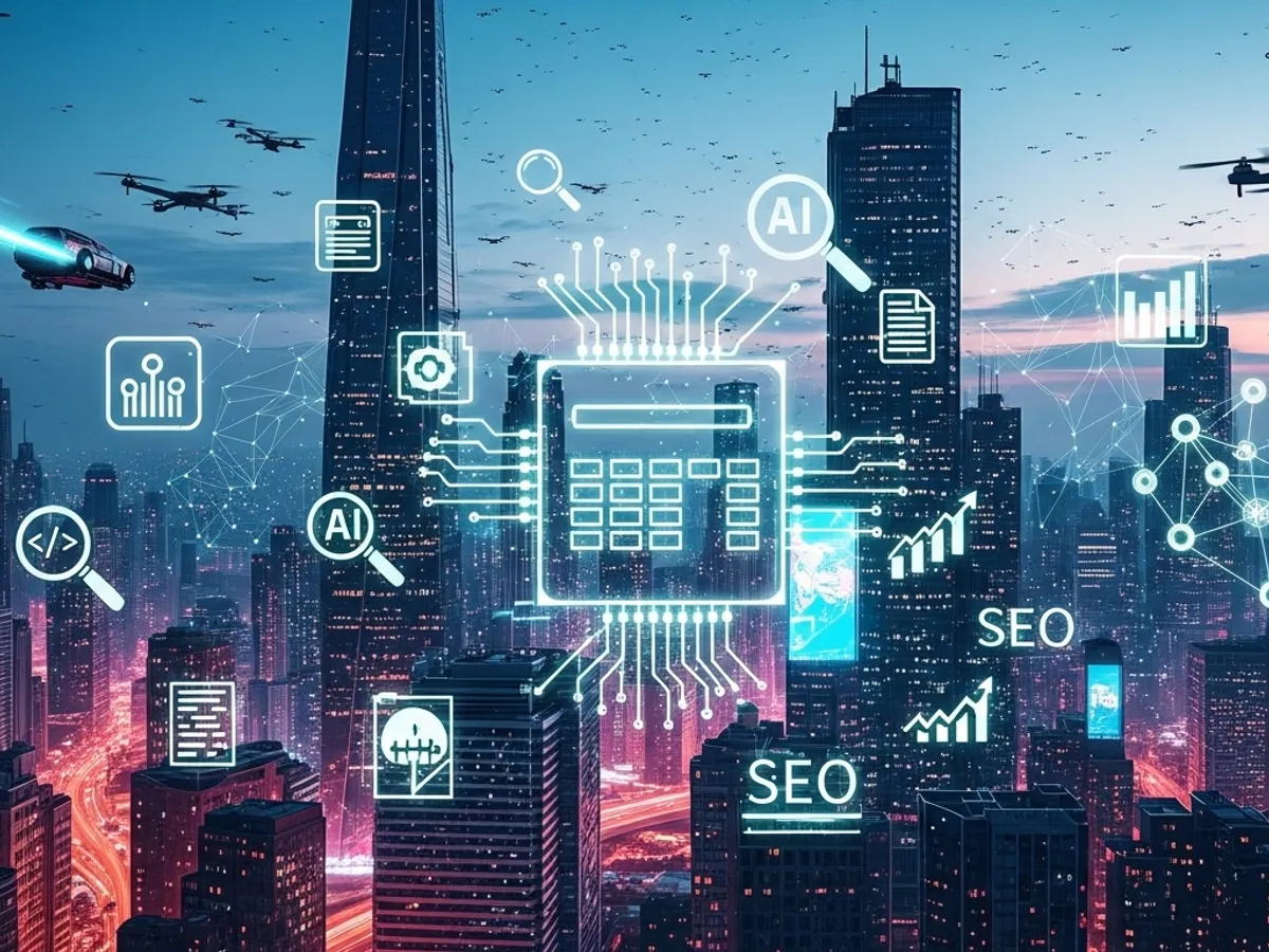 A futuristic cityscape with AI integration, symbolizing AI's role in SEO optimization, enhancing search engine visibility, and driving content marketing strategies for improved blog rankings.