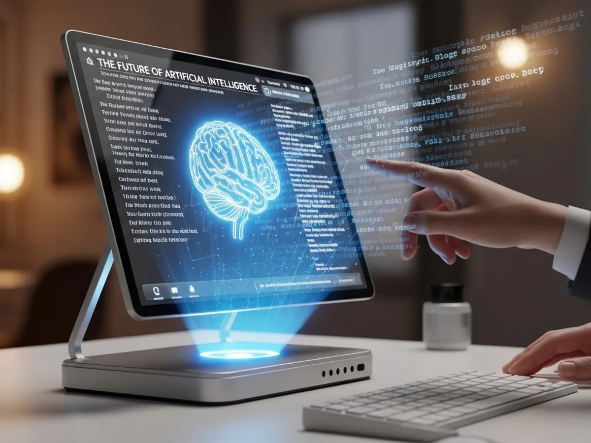 Futuristic illustration of AI writing, showcasing a digital brain and text floating around a screen, emphasizing the use of AI in content creation and the future of AI content strategy.