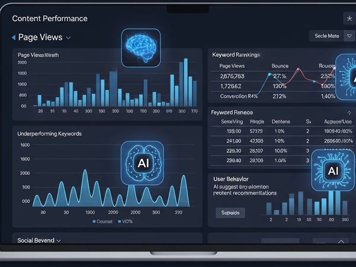 Dashboard view displaying content performance metrics such as page views, keyword rankings, and user behavior insights, indicative of SEO content optimization strategies.