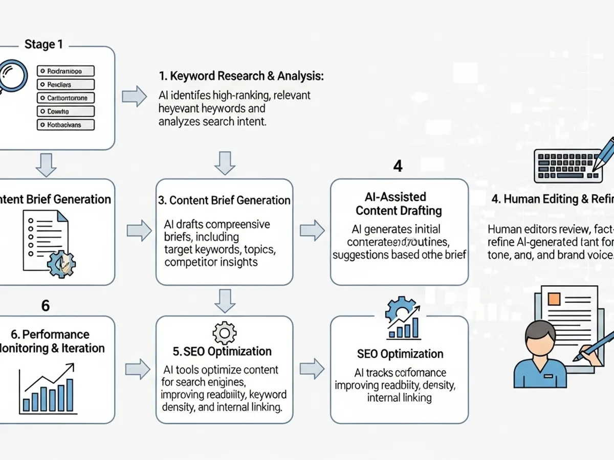 Infographic outlining the AI content writing strategy process, including keyword research, content brief generation, AI-assisted drafting, human editing, SEO optimization, and performance monitoring.