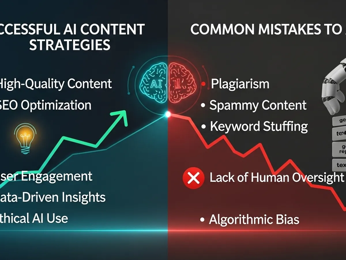 A comparison of successful AI content strategies, including high-quality content and SEO optimization, against common mistakes like plagiarism and keyword stuffing.