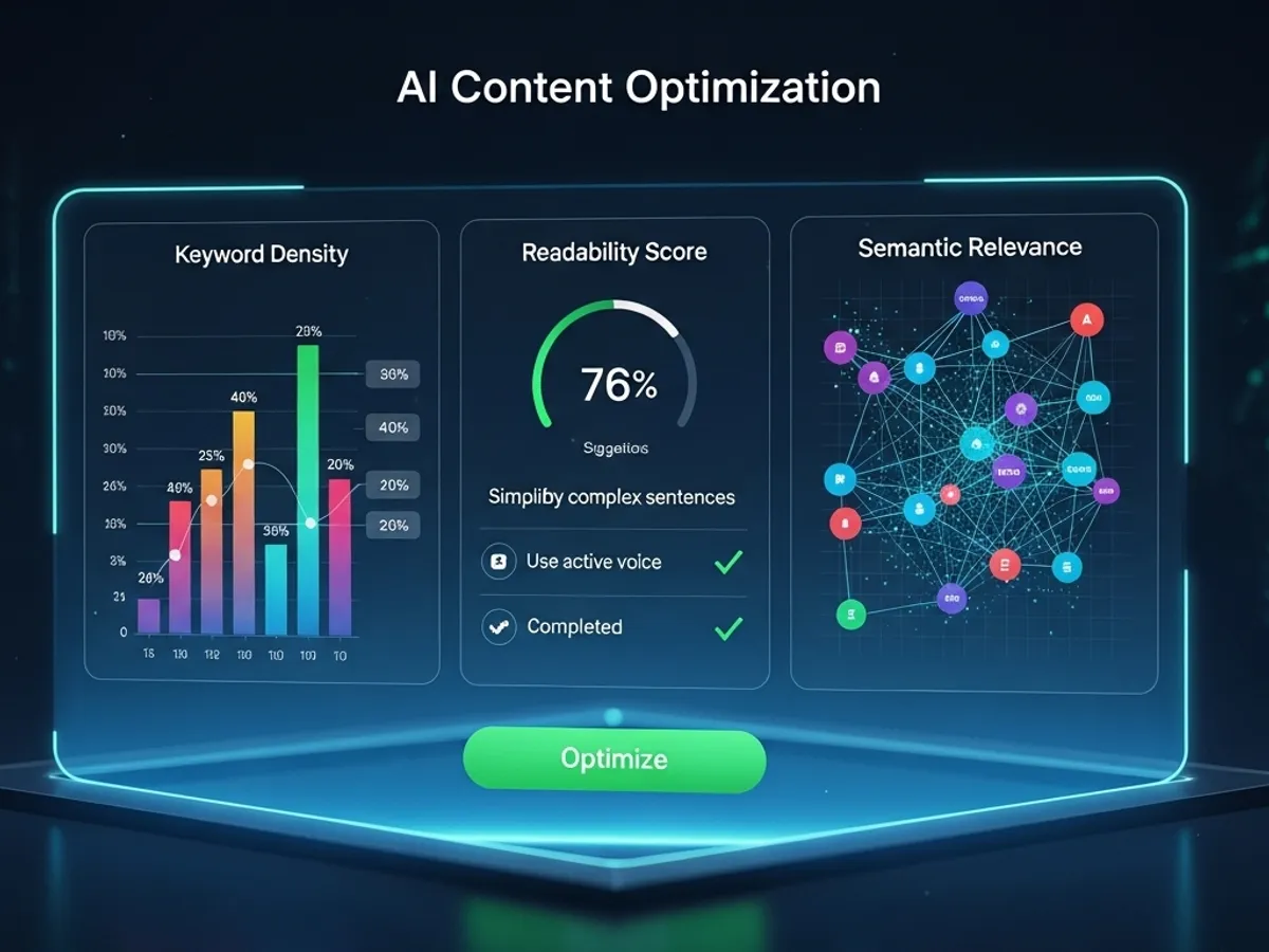 Image displaying AI content optimization dashboard, showing keyword density, readability score of 76% with suggestions to simplify complex sentences and use active voice, and semantic relevance analysis.