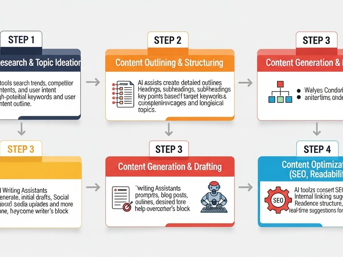 Infographic illustrating the steps in AI content generation, including research and topic ideation, content outlining and structuring, content generation and drafting, and content optimization for SEO and readability.