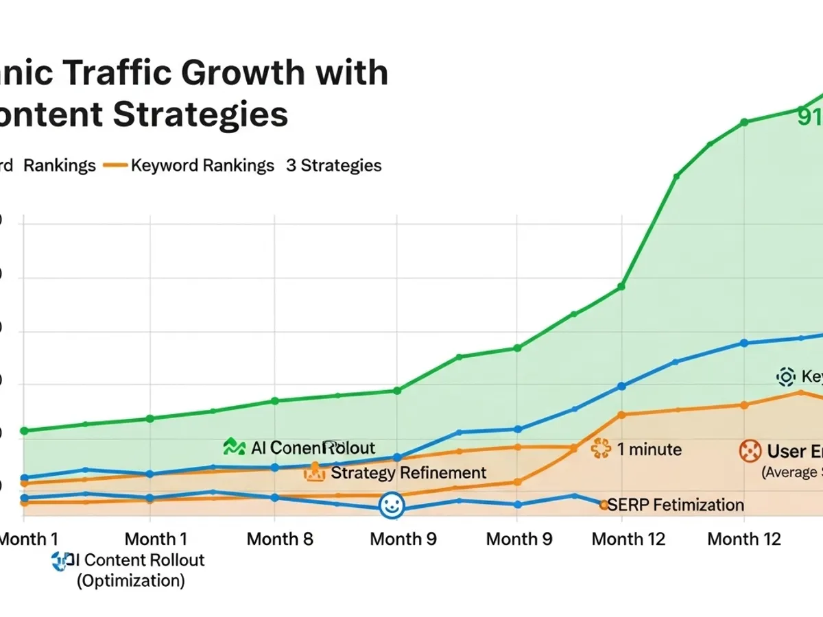 Graph showing organic traffic growth with AI content strategies, featuring keyword rankings and the impact of AI content rollout, strategy refinement, and SERP optimization over a 12-month period.