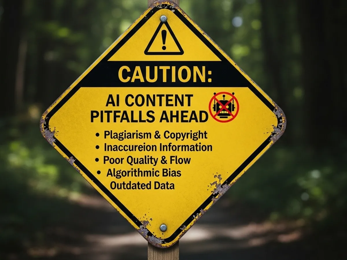 Caution sign warning about AI content pitfalls, including plagiarism and copyright issues, inaccurate information, poor quality and flow, algorithmic bias, and outdated data.