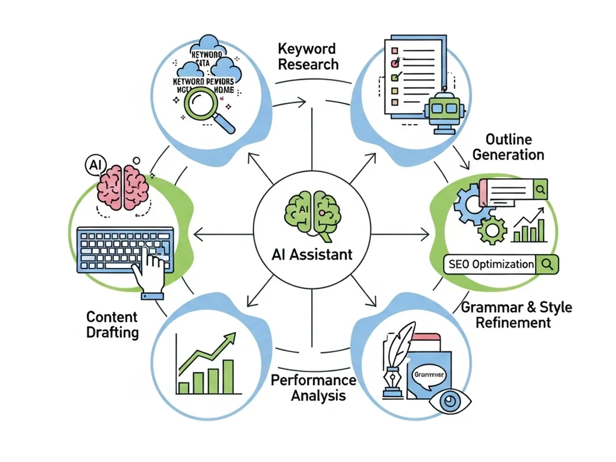 Illustration showing the AI assistant workflow, including keyword research, outline generation, SEO optimization, grammar refinement, performance analysis, and content drafting, all powered by AI.