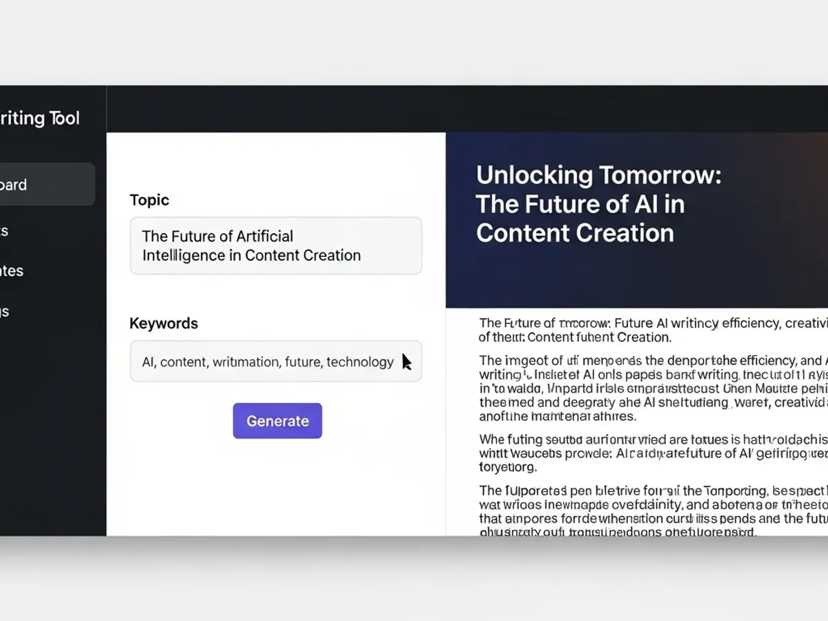 Screenshot of an AI content creation tool interface, demonstrating the generation of blog content on the future of AI using specified keywords.