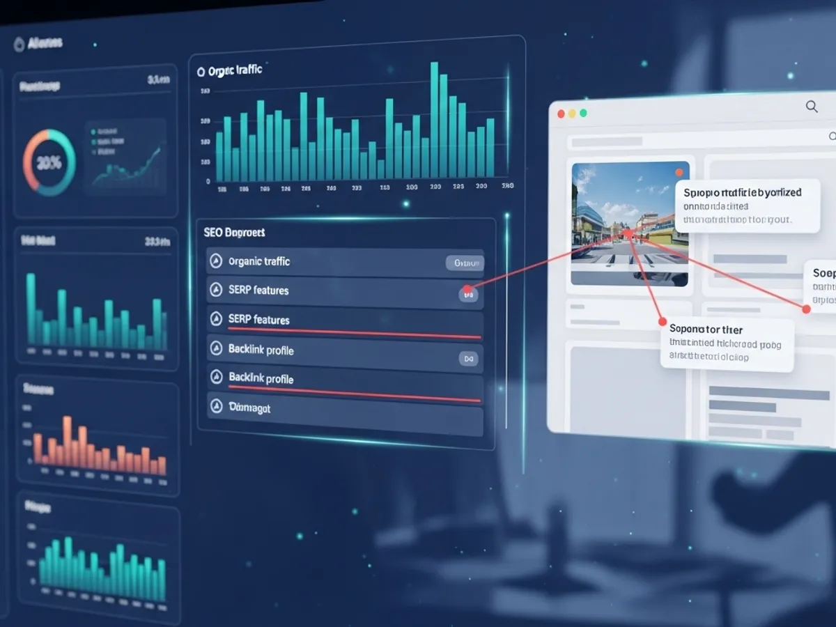 Dashboard illustrating AI for SEO, displaying organic traffic growth, SERP features, and backlink profiles, highlighting AI writing tools' role in boosting website performance and content optimization.