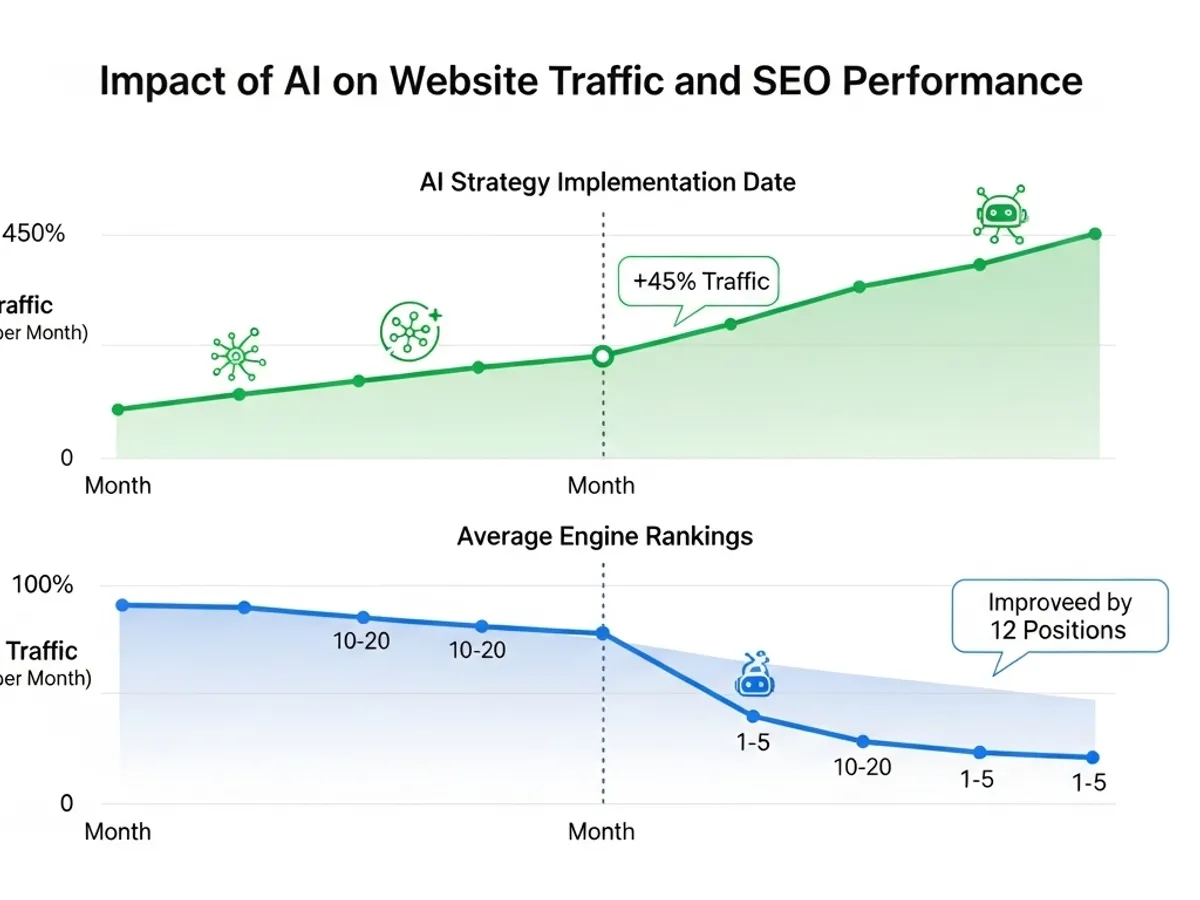 A graph demonstrating the impact of AI on website traffic and SEO performance, showing increased organic traffic and improved search engine rankings through AI content generation and SEO strategy implementation.