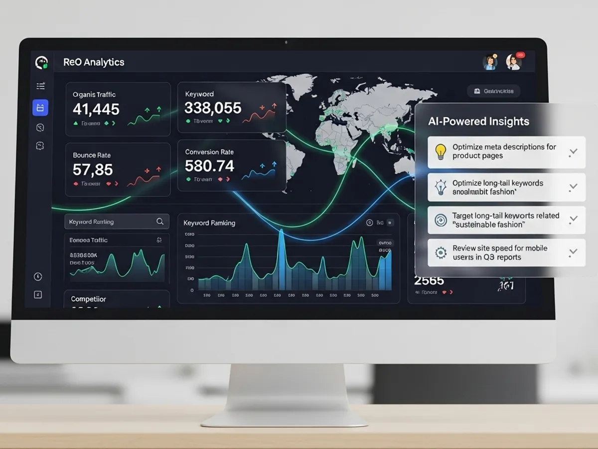 Screenshot of an AI-powered analytics dashboard for digital marketing, displaying organic traffic, keyword rankings, and AI-driven insights for optimizing website performance and enhancing content optimization.
