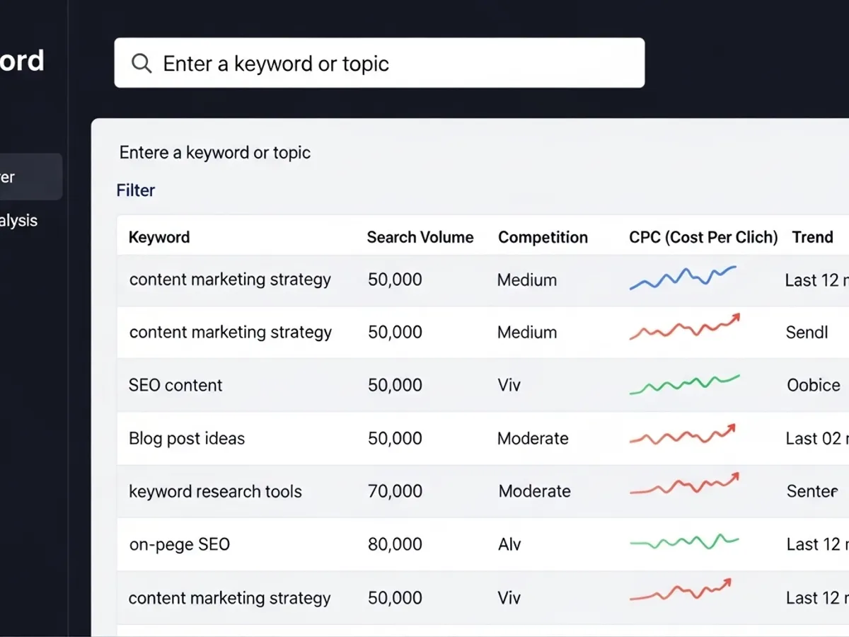 Screenshot of keyword research tools showing search volume, competition, and trends for various keywords, illustrating an SEO content strategy to improve SERP positions.