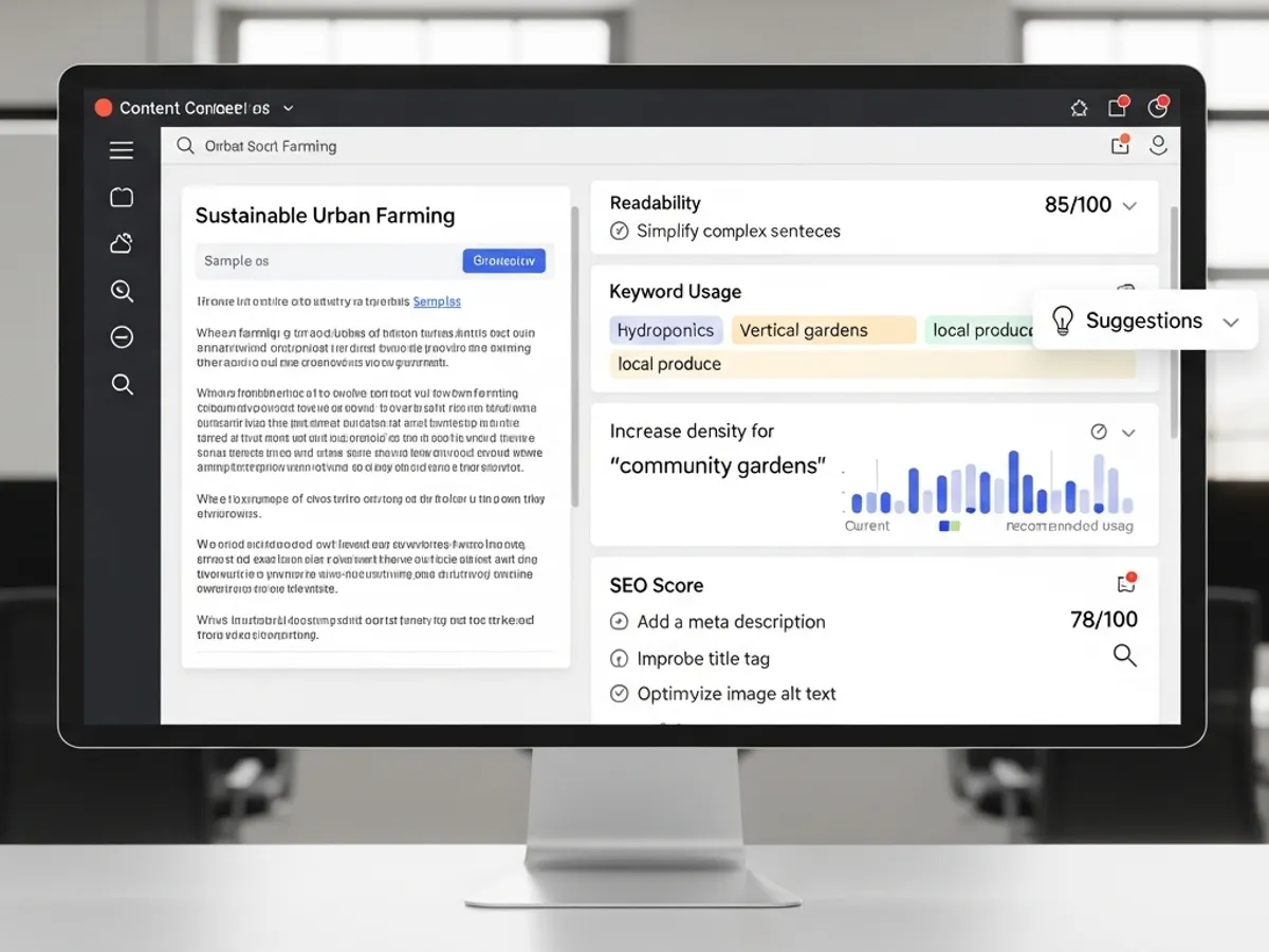 Screenshot of an AI-powered content optimization tool analyzing readability, keyword usage, and SEO score, showcasing AI tools for writers to enhance article generation and improve content optimization.