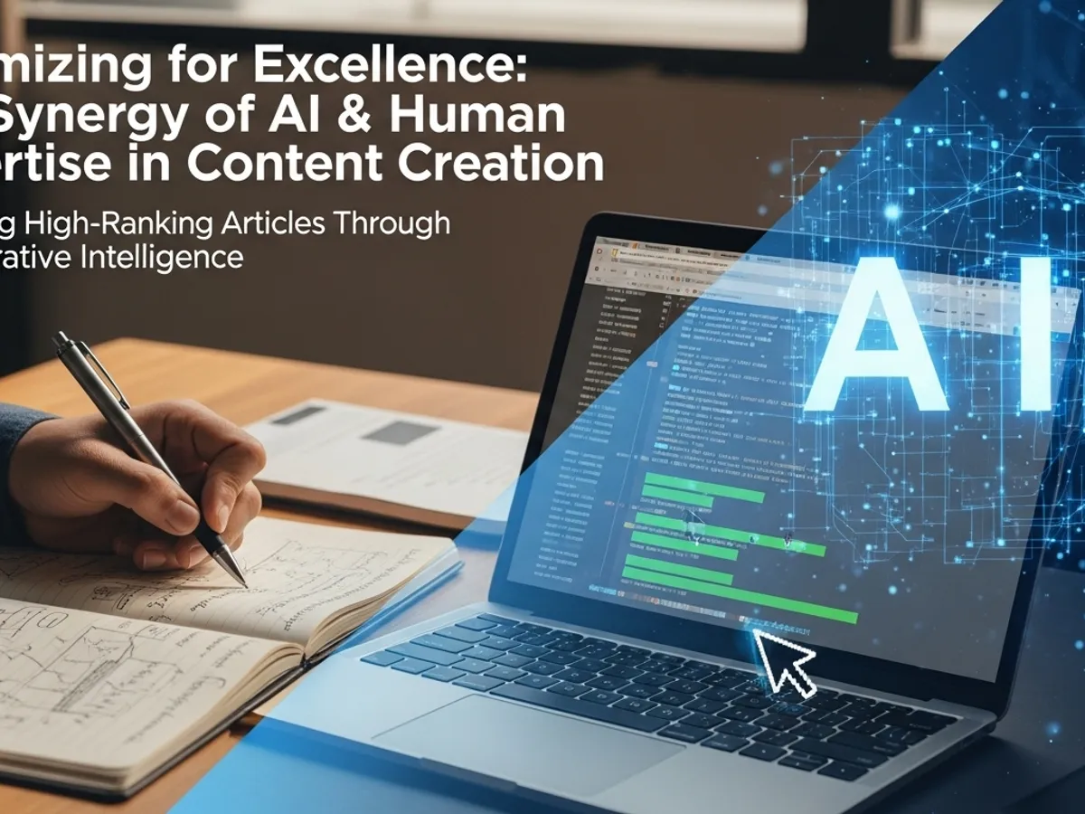 Image depicting the synergy of AI and human expertise in content creation, emphasizing the use of AI tools for writers to generate high-ranking articles and improve search rankings through collaborative intelligence.