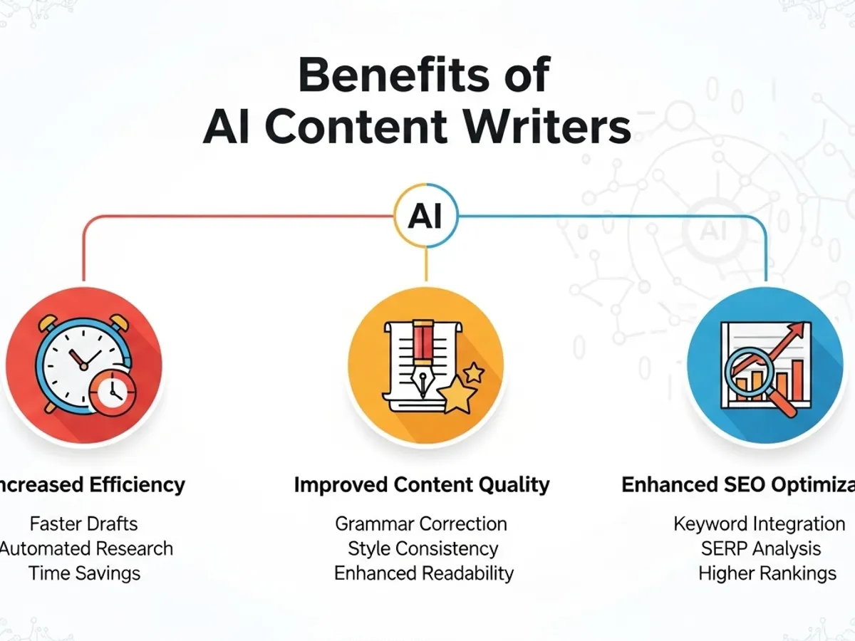 Infographic detailing the benefits of AI content writers, including increased efficiency, improved content quality, and enhanced SEO optimization, illustrating the advantages of AI for business.