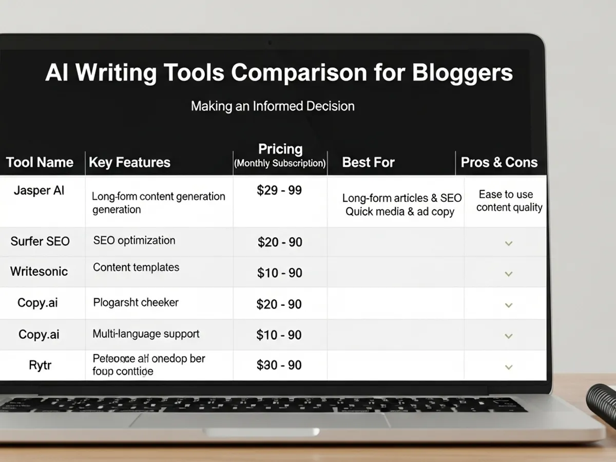 Screenshot of AI Writing Tools Comparison for Bloggers, showing a table comparing Jasper AI, Surfer SEO, Writesonic, and Copy.ai, to assist in making an informed decision on AI tools for blogging tips and content marketing.