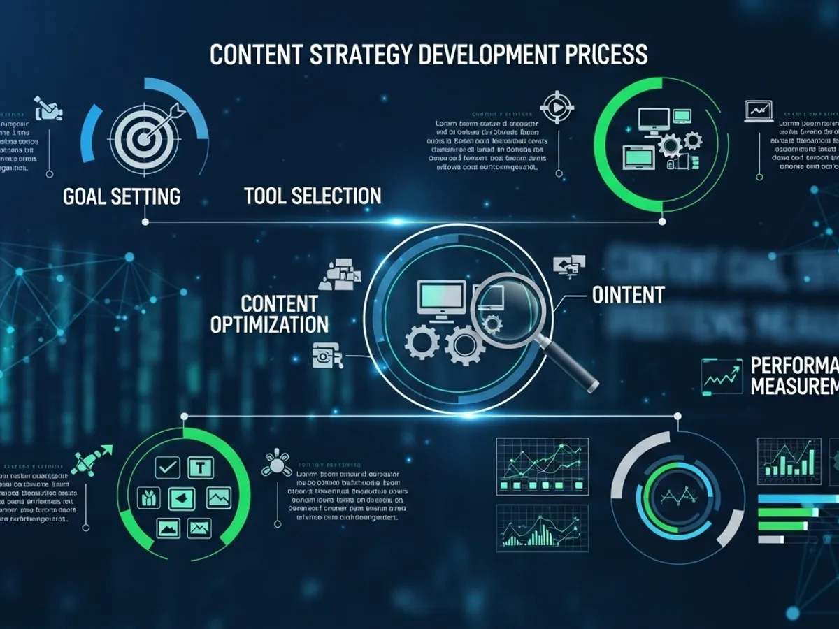 Infographic illustrating the content strategy development process, including goal setting, tool selection, content optimization, and performance measurement, demonstrating a strategic approach to content creation.